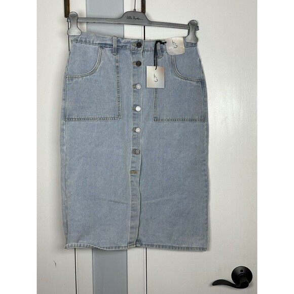 Happily Grey Jean Skirt Size 7 Full Button Front Woth Slipt Amd Pockets Blue NWT - Picture 2 of 7